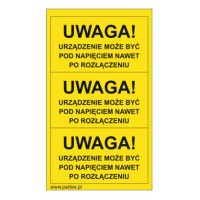 PLB43014PV - Набір наліпок з вінілу типу PLB розміром 79х40 мм на листах жовтого кольору з написом "Увага! Пристрій під напругою після вимкнення" (30 шт)