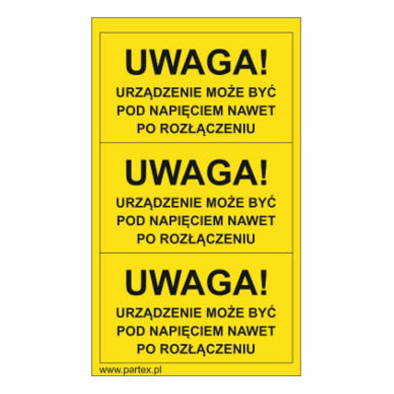 PLB43014PV - Набір наліпок з вінілу типу PLB розміром 79х40 мм на листах жовтого кольору з написом "Увага! Пристрій під напругою після вимкнення" (30 шт)