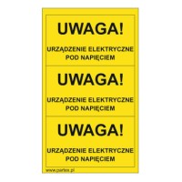PLB43013PV - Набір наліпок з вінілу типу PLB розміром 79х40 мм на листах жовтого кольору з написом "Увага! Пристрій подання напруги" (30 шт)