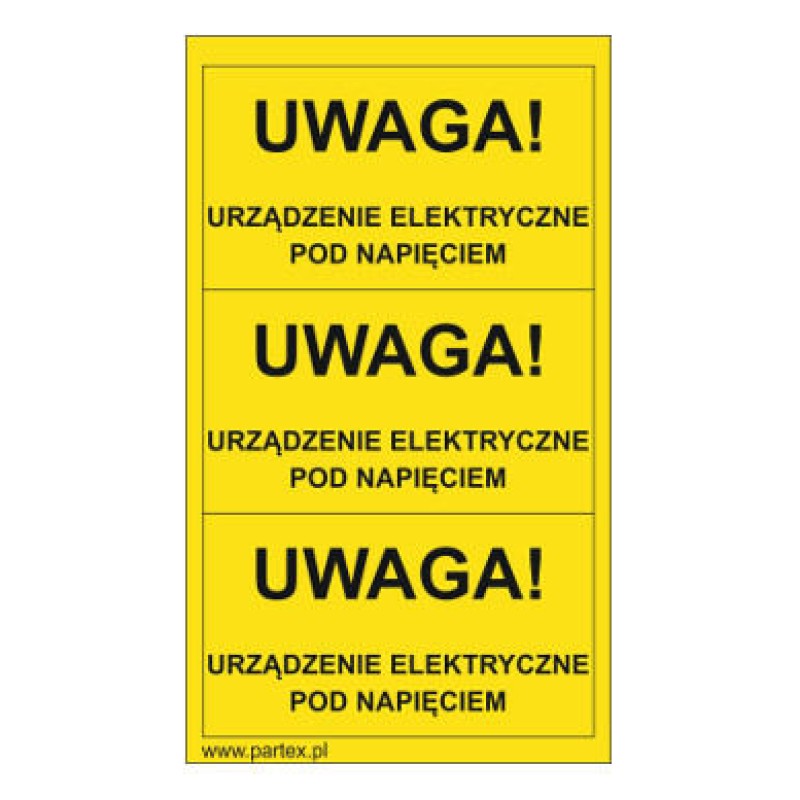 PLB43013PV - Набір наліпок з вінілу типу PLB розміром 79х40 мм на листах жовтого кольору з написом "Увага! Пристрій подання напруги" (30 шт)
