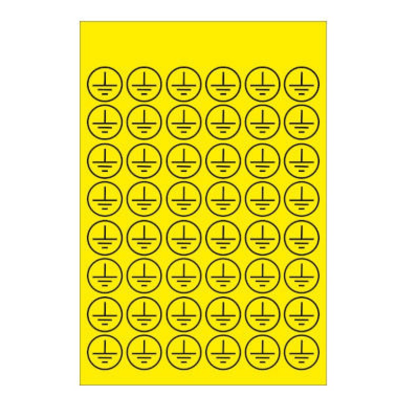 PLB42857 - Набір наліпок акрилових типу PLB розміром 14х14 мм на листах жовтого кольору з символами "знак заземлення в колі" (480 шт)