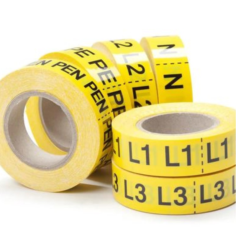 PLP019000V40.PE - Наліпки з вінілу типу PLB розміром 19мм у котушках по 20 м жовтого кольору з символом "PE" (6 рулонів)
