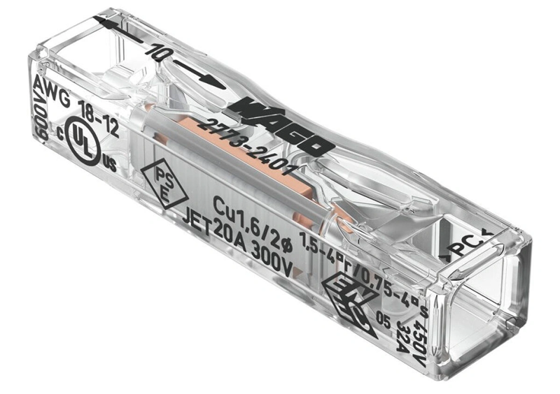 Лінійна з’єднувальна клема WAGO 2773 Inline призначена для жорстких проводів. Лінійна з’єднувальна клема WAGO 2773 Inline призначена для жорстких проводів.