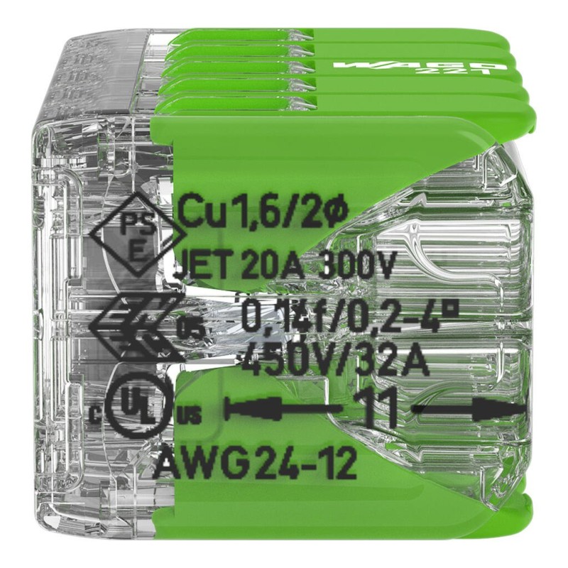 221-430 Splicing connector with levers Green Range; for all conductor types; max. 4 mm²; 10-conductor; transparent housing; Surrounding air temperature: max 85°C (T85); 4,00 mm²; transparent, EKO