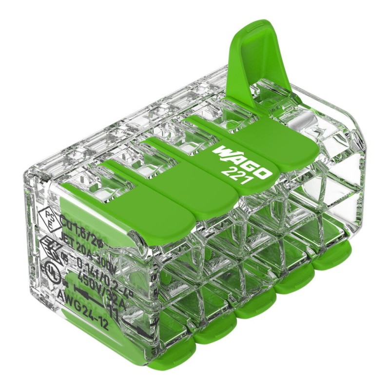 221-430 Splicing connector with levers Green Range; for all conductor types; max. 4 mm²; 10-conductor; transparent housing; Surrounding air temperature: max 85°C (T85); 4,00 mm²; transparent, EKO