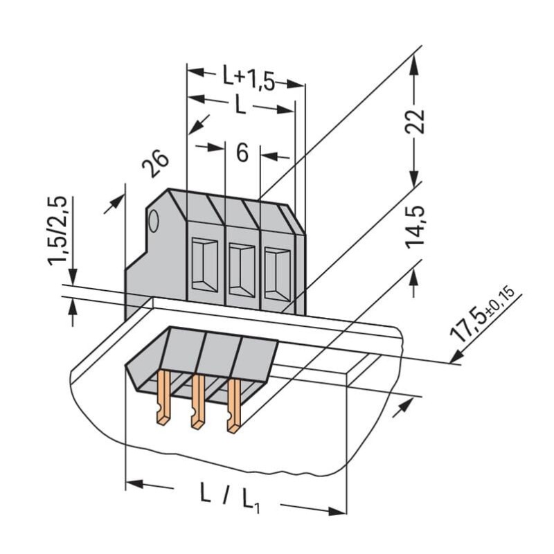 226-104 Прохідна клемна колодка; Клема швидкого роз'єднання провідник/пайка/обтиск; Товщина пластини: 1.5 мм; сірий