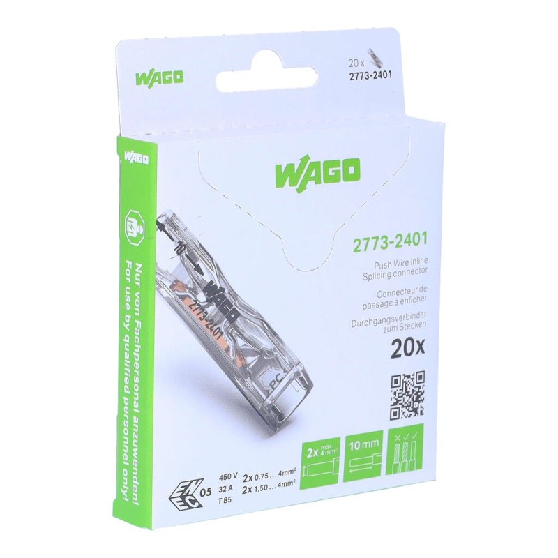 2773-2401/995-020 PUSH WIRE® Inline Splicing Connector;for solid and stranded conductors;max. 4 mm²;transparent