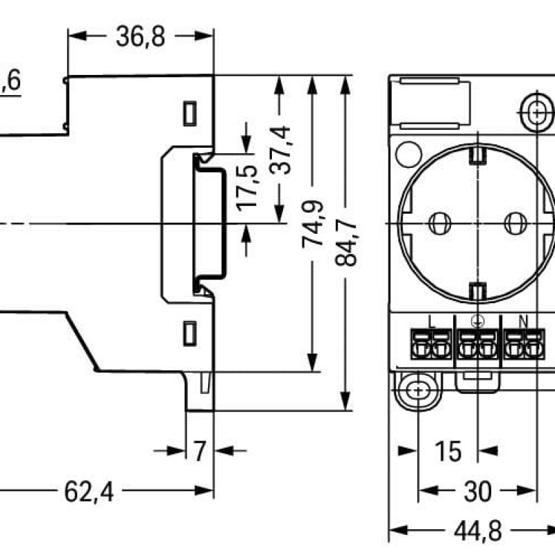 709-581 Switchgear cabinet outlet;for DIN-rail and screw mounting;for plug, type F, CEE 7/4 (Schuko);light gray