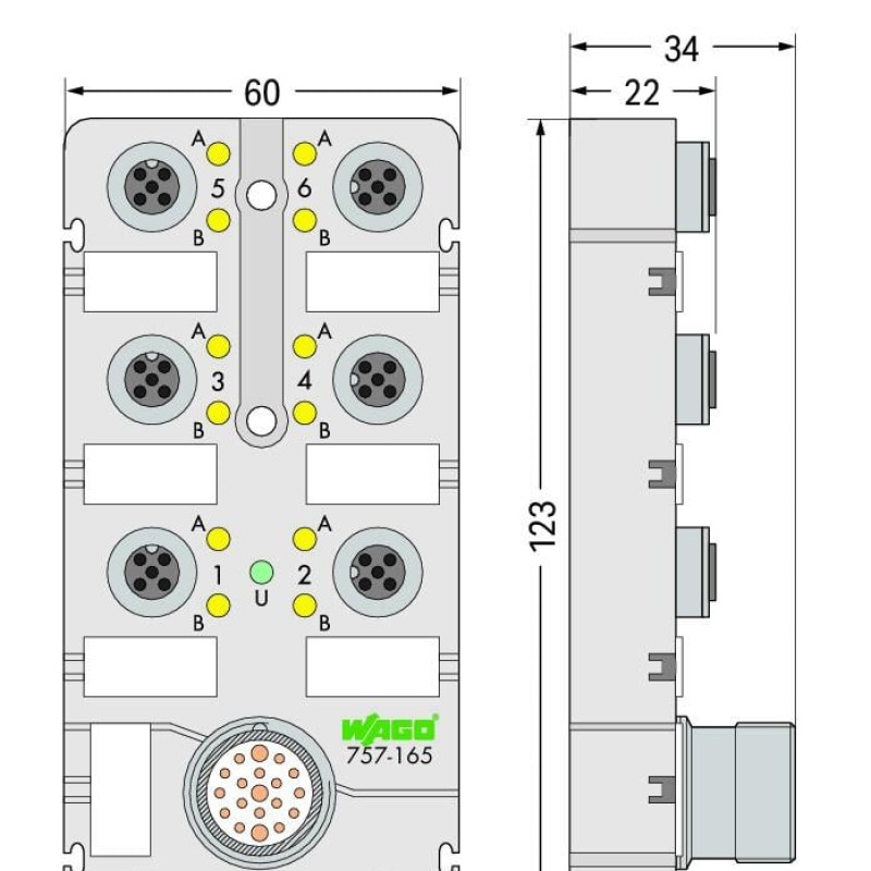 757-165 M12 sensor/actuator box;6-way;5-pole