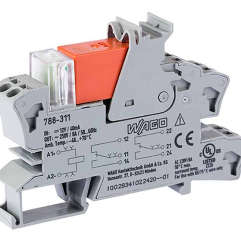 788-311 Релейний модуль; Номінальна вхідна напруга: 12 В DC; 2 перекидні контакти; сірий