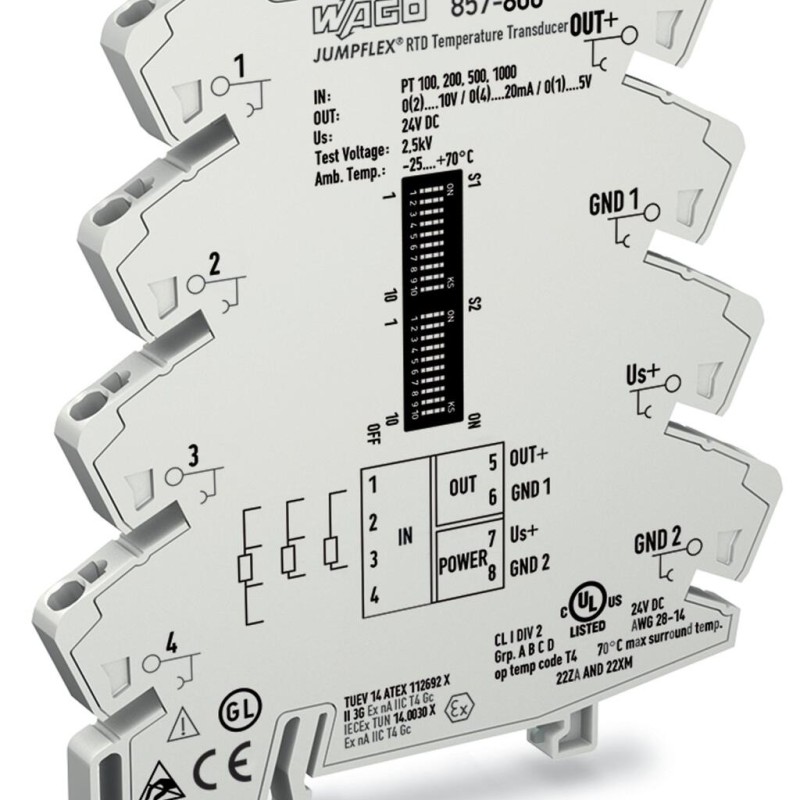 857-800 Temperature signal conditioner for RTD sensors;Current and voltage output signal;Configuration via DIP switch;light gray
