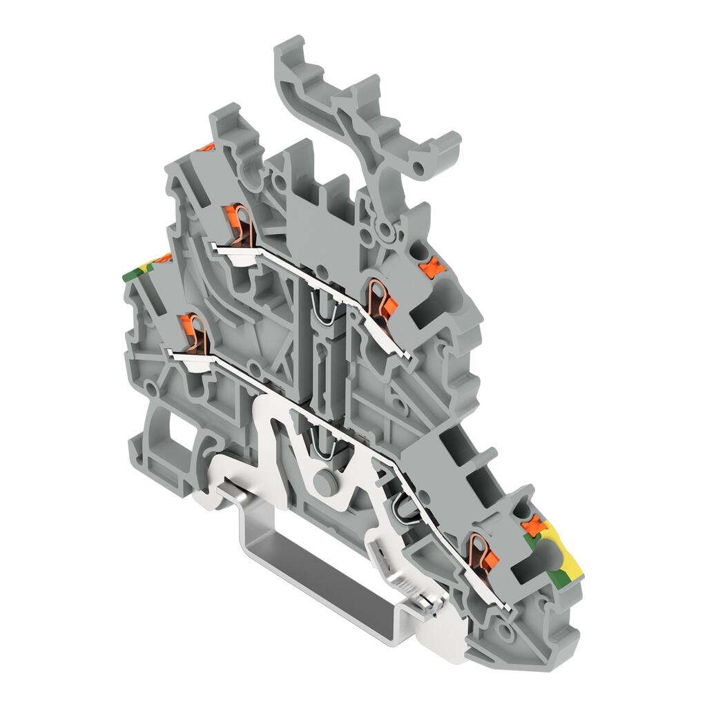 Двоповерхова клемна колодка; заземлювальний провідник/прохідна клемна колодка; з кнопкою; 1 мм²; PE/L; підходить для застосування у вибухозахищеному виконанні Ex e II; з тримачем для маркування; для DIN-рейки 35 x 15 і 35 x 7,5; Push-in CAGE CLAMP®; 1,00 