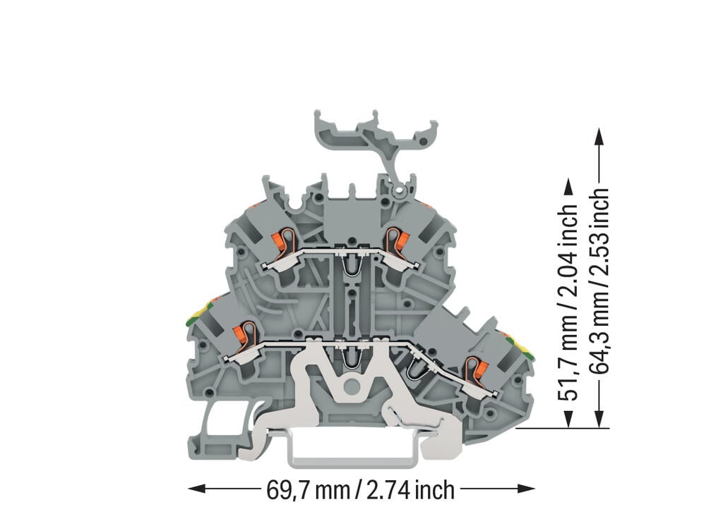 Двоповерхова клемна колодка; заземлювальний провідник/прохідна клемна колодка; з кнопкою; 1 мм²; PE/L; підходить для застосування у вибухозахищеному виконанні Ex e II; з тримачем для маркування; для DIN-рейки 35 x 15 і 35 x 7,5; Push-in CAGE CLAMP®; 1,00 