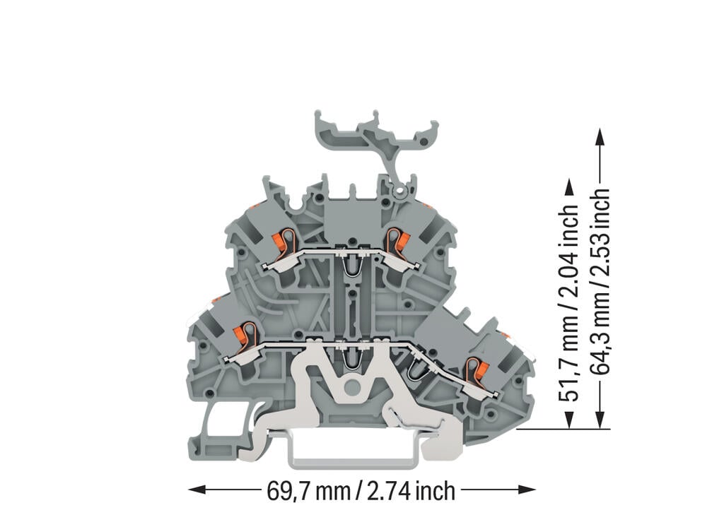 Двоповерхова клемна колодка; Екранна/прохідна клемна колодка; з кнопкою; 1 мм²; Shielding/L; з тримачем для маркерів; для DIN-рейки 35 x 15 і 35 x 7,5; Push-in CAGE CLAMP®; 1,00 мм²; сірий