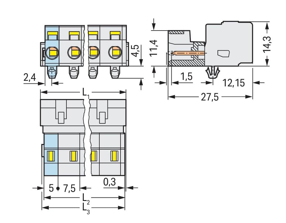 1-провідний гніздовий роз'єм; CAGE CLAMP®; 2,5 мм²; відстань між контактами 7,5 мм; 4-полюсний; попередній контакт заземлення; 100% захист від переплутування; монтаж на DIN-35 рейку/панель; вставляються монтажні ніжки; пряме маркування; 2,50 мм²; сві